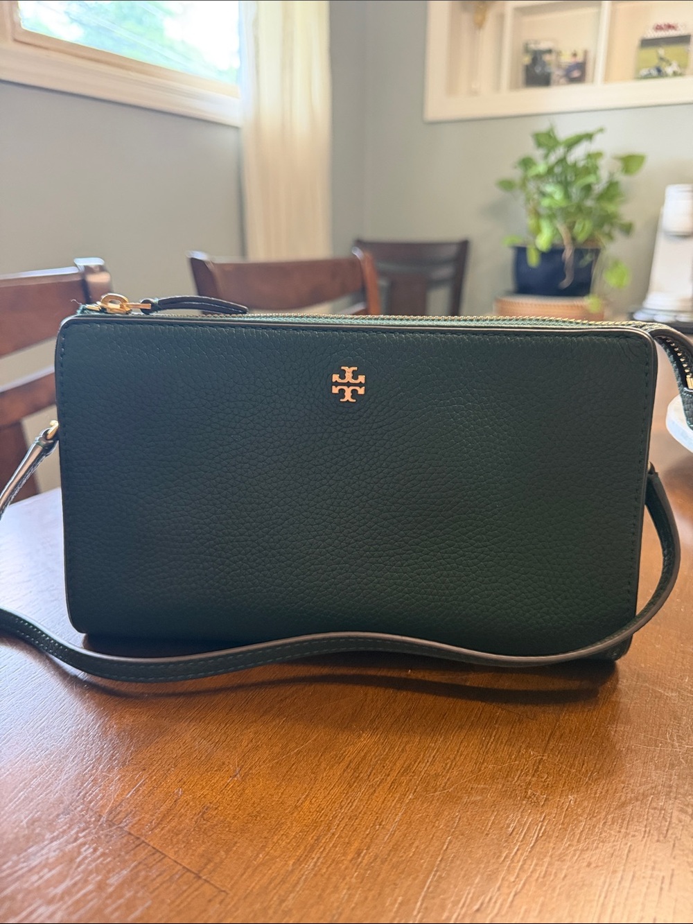Tory Burch dark green pebbled leather crossbody, in like new condition.